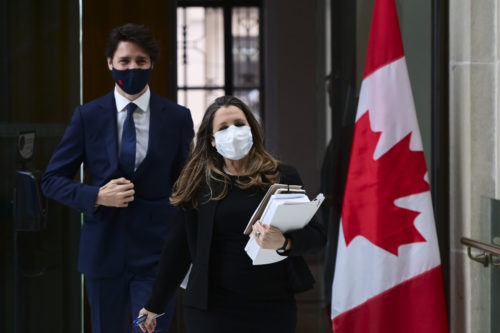 Prime Minister Justin Trudeau and Finance Chrystia Freeland arrive to hold a press conference in Ottawa on April 20, 2021. Sean Kilpatrick/The Canadian Press