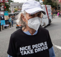 Vancouver city councillor Jean Swanson attends a march to remember those who died during the overdose crisis and to call for a safe supply of illicit drugs on International Overdose Awareness Day, in Vancouver, on Tuesday, August 31, 2021. Darryl Dyck/The Canadian Press. 