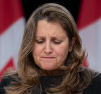 Deputy Prime Minister and Minister of Finance Chrystia Freeland is seen during a news conference, Tuesday, November 7, 2023 in Ottawa. Adrian Wyld/The Canadian Press. 