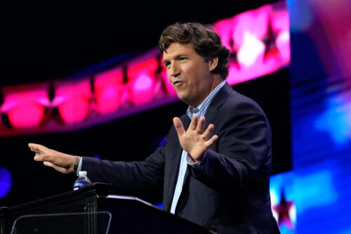 Tucker Carlson speaks at the Turning Point Action conference, Saturday, July 15, 2023, in West Palm Beach, Fla. Lynne Sadky/AP Photo.