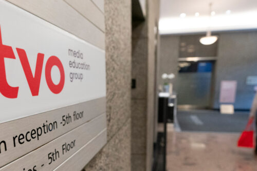 TVO signage is seen at Canada Square in Toronto, on Thursday, Aug. 17, 2023. Spencer Colby/The Canadian Press.