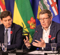 Scott Moe, second from right, Premier of Saskatchewan, speaks during a press conference at the meeting of the Council of the Federation in Halifax, Monday, Nov. 6, 2023. Kelly Clark/The Canadian Press. 
