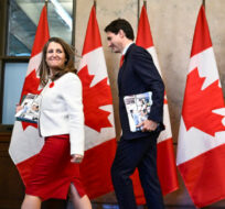 Prime Minister Justin Trudeau and Deputy Prime Minister joins Minister of Finance Chrystia Freeland as they make their way to the House of Commons on Parliament Hill for the tabling of the Fall Economic Statement in Ottawa, on Thursday, Nov. 3, 2022. Justin Tang/The Canadian Press. 