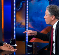 President Barack Obama, left, talks with Jon Stewart, host of "The Daily Show" during a taping on Tuesday, July 21, 2015, in New York. Evan Vucci/AP Photo. 