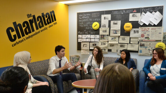 Prime Minister Justin Trudeau speaks with staff at The Charlatan newspaper at Carleton University to mark World Press Freedom Day in Ottawa on Friday, May 3, 2019. Sean Kilpatrick/The Canadian Press